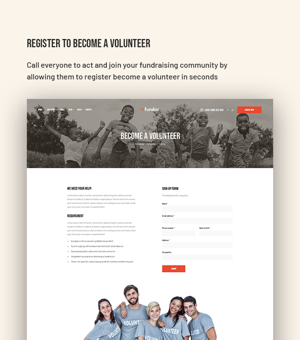 Fundor Charity Nonprofit WordPress Theme - Register as Volunteers