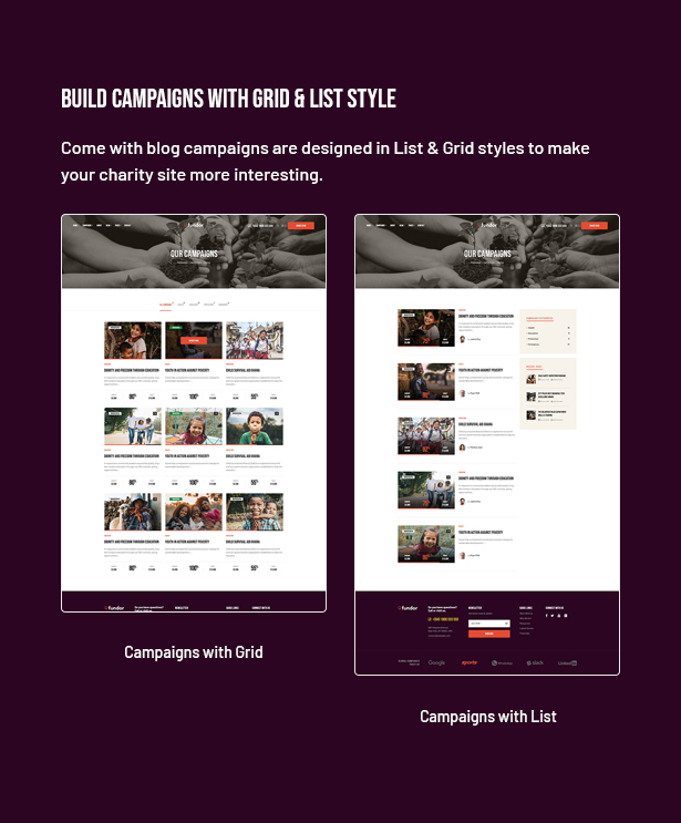 Fundor Charity Nonprofit WordPress Theme -  Grid List Layout for Campaigns