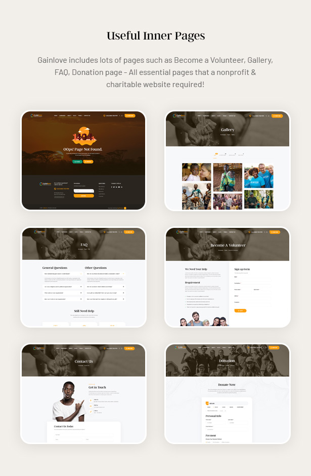 Gainlove Nonprofit WordPress Theme - Useful Inner Pages