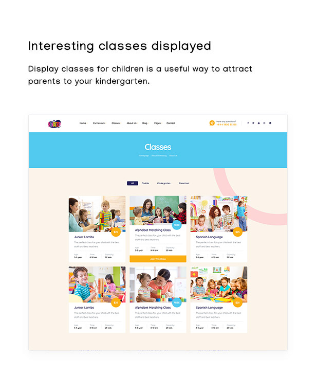  Kindero Kindergarten WordPress Theme - Display classes displayed