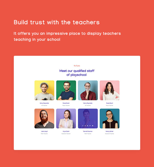 Kindero Kindergarten WordPress Theme - showcase teacher list on WordPress website