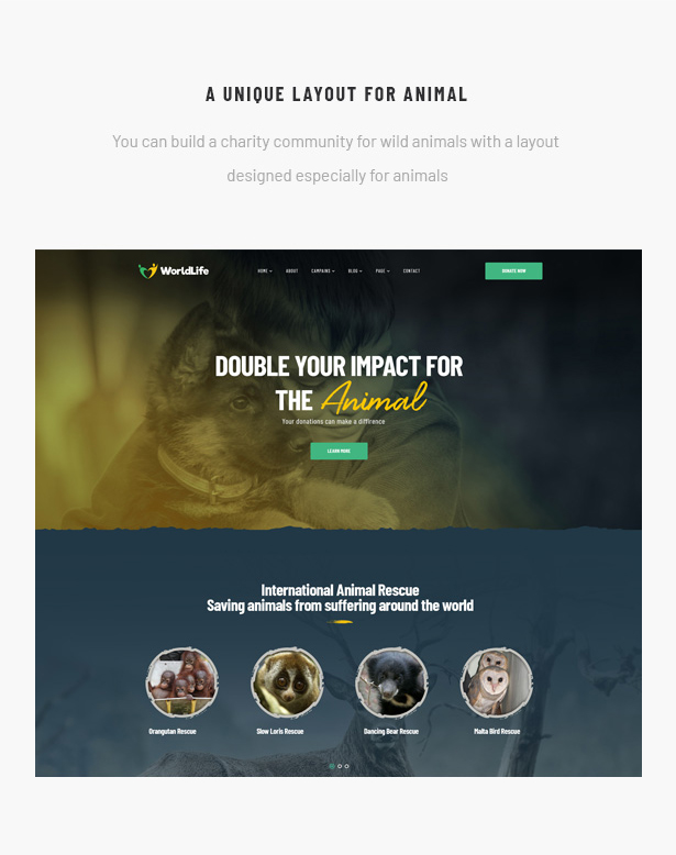Worldlife Charity WordPress Theme Layout for Animal